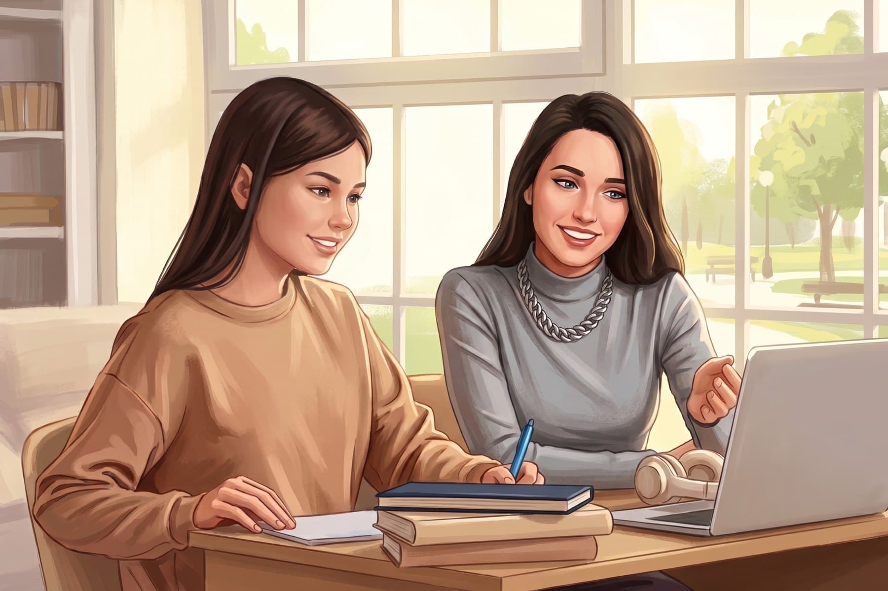 Alana and a student working together at a table by a bright window. Alana is smiling and explaining something on a laptop while the student takes notes.